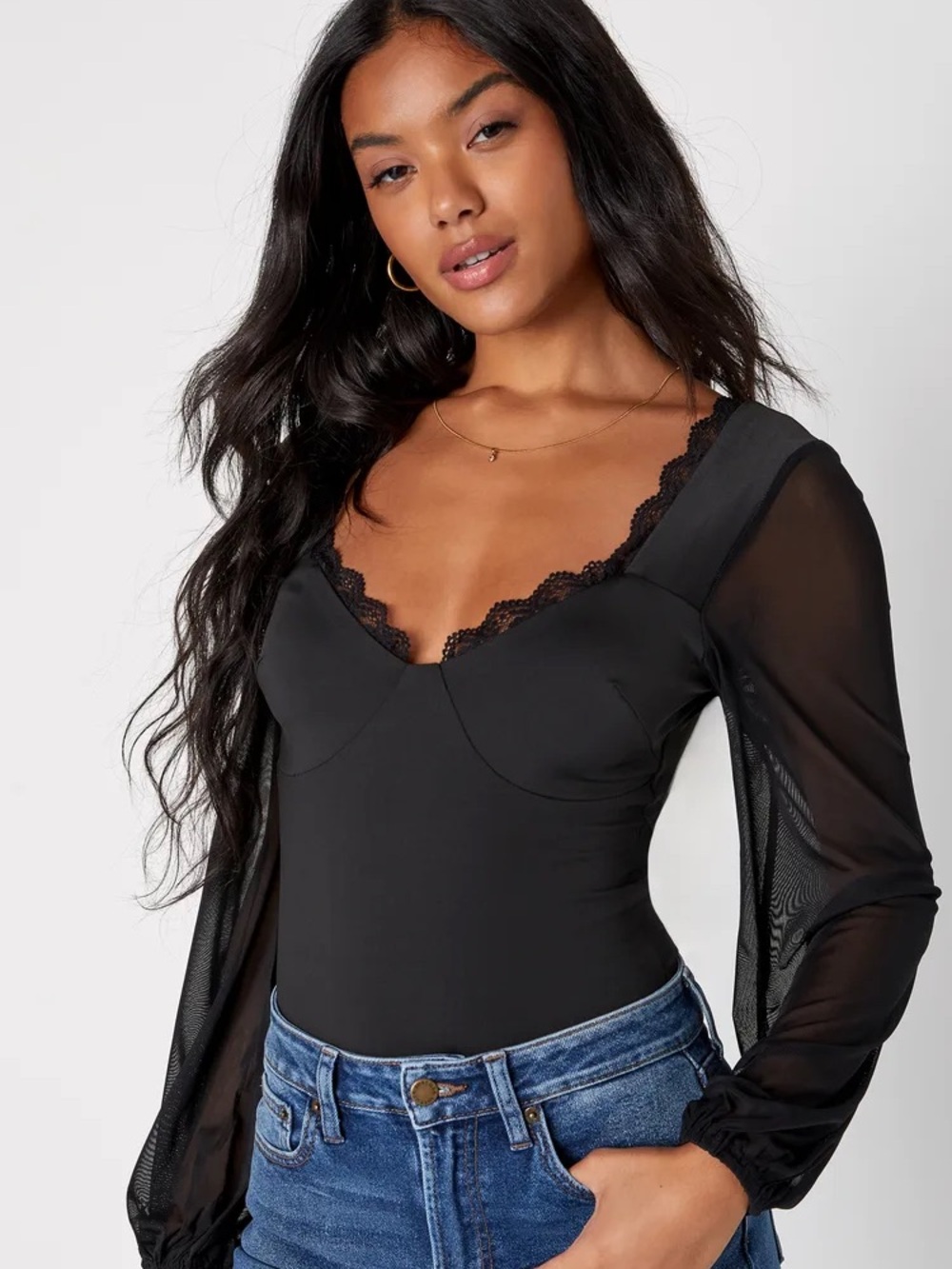 lululemon athletica Black Lace-Trim Mesh Sleeve Bodysuit